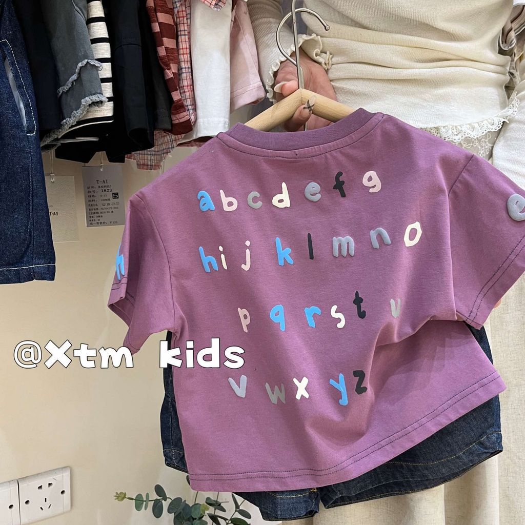 Bonito meninos colorido carta impressa algodão de manga curta crianças solto camiseta coreano Casual topo