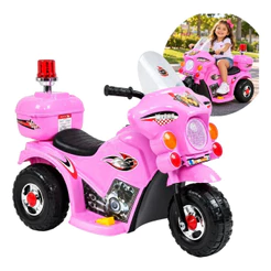 Mini Moto Elétrica Infantil Triciclo Policial 6V Rosa Com Sirene Farol Luz Som Porta Objetos Frente E Ré