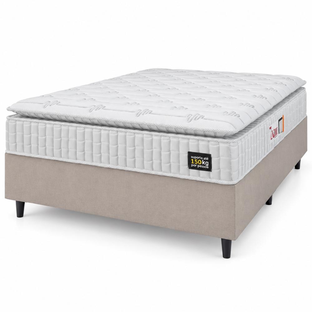 Cama Box Casal Colchão Espuma D45 Lazio Pillow Top 138x188x62cm Suede Branco/Bege Hellen