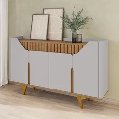 Aparador Buffet 4 Portas MDF Ripado Real Pés de Madeira Maciça Tâmisa Cinza/Off-White/Cinamomo