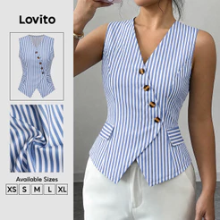 Lovito Elegante Top Azul Listrado Manga Curta Gola V Com Botões Para Trabalho Primavera Verão Casual Feminino TKK9BR029