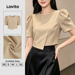 Lovito Blusa Elegante Retrô Assimétrica Plissada Com Zíper Cor Cáqui Para Mulheres Ideal Para a Primavera/verão BLB201P1D497