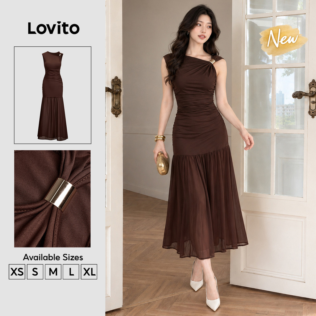 (New Arrival) Lovito Vestido Marrom Elegante Feminino Longo De Corte Em Linha a Com Costura De Tecido E Metal Para Trabalho Primavera/verão DRT207P1D723