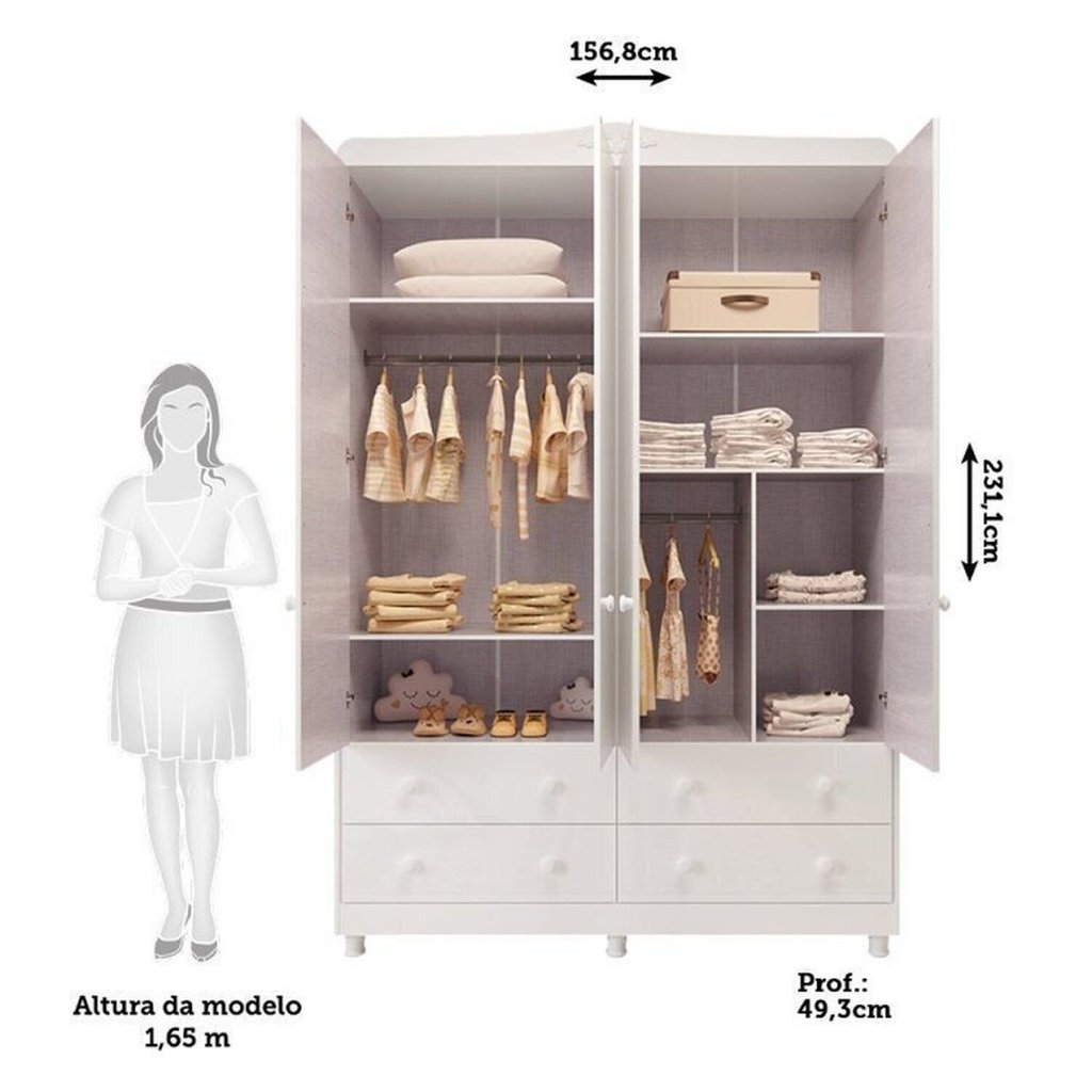 Quarto Infantil com Guarda Roupa 4 Portas e Cômoda 1 Porta 100% MDF Maya Clássico Espresso Móveis Br Branco Brilho · foto 2