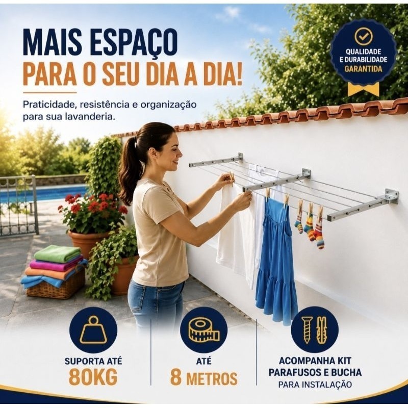 Varal de Roupa de Parede Retrátil 80kg Até 8 metros Resistente 3 Hastes com Kit instalação — imagem 2 de 2