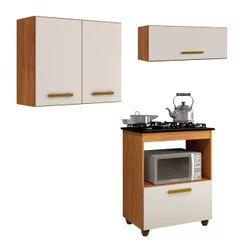Conjunto Modulado Balcão Cooktop 5 Bocas com Nicho 1 Porta Basculante e 2 Armários Aéreo