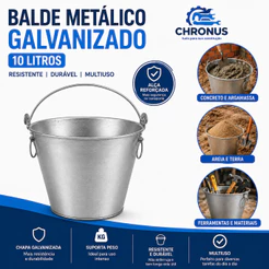 KIT 10 Balde Metal Galvanizado 10 LT Multiuso Concreto Caliça Obra Construção