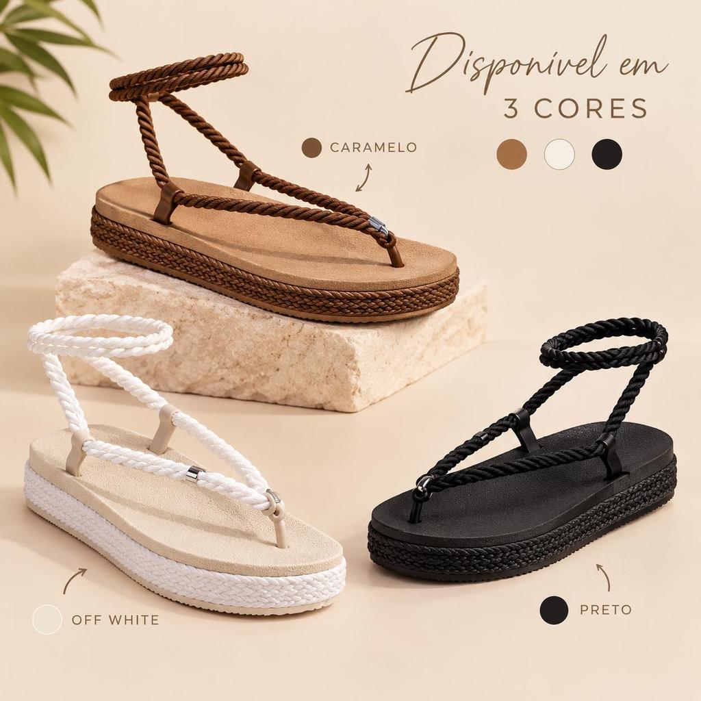 Sandália Papete Rasteira Flatform Feminina Amarração Corda Verão Estilosa Leve Confortável