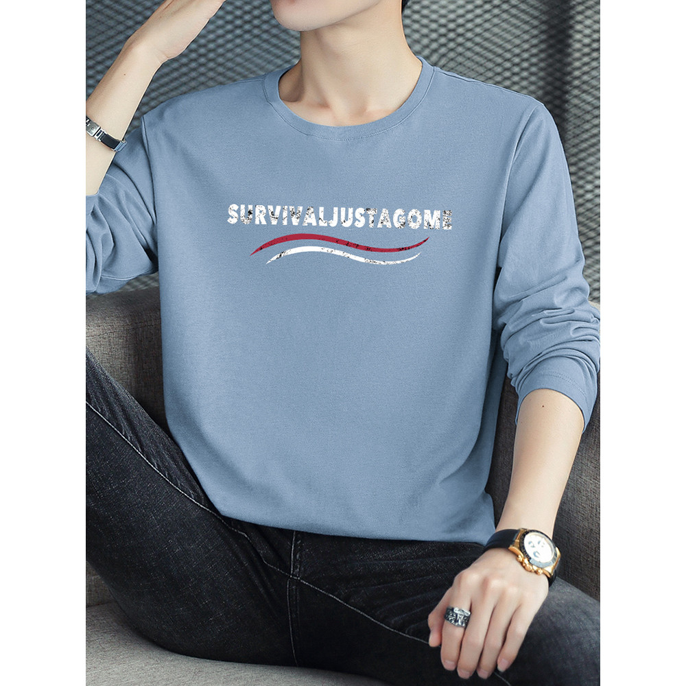 2026 novo estilo puro algodão camiseta masculina de manga comprida solta camisa de fundo interno na moda carta impressa 