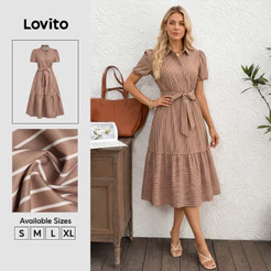 Lovito Vestido Casual Com Cinto E Botão Barra Em Babado Primavera/verão Marrom Para Mulheres DRB38BR074