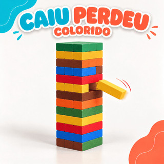 Jogo Torre Caiu Perdeu Colorido Equilíbrio em Madeira MDF com Blocos Desafio Terremoto Infantil