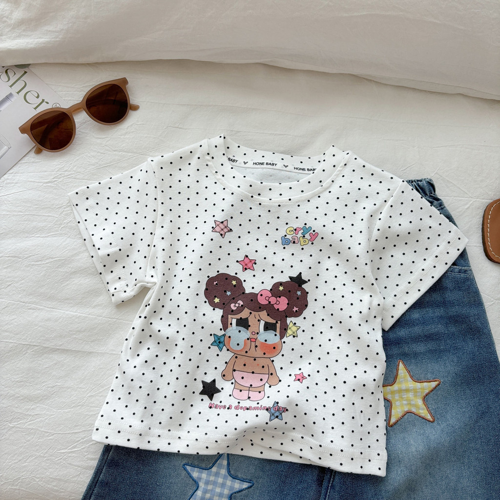 Menina coreana camiseta de manga curta 2026 novo estilo crianças dos desenhos animados branco bolinhas topo menina bebê 