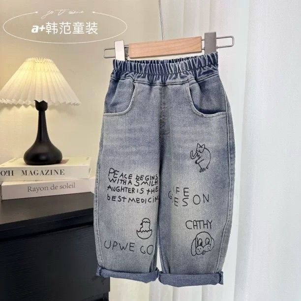 Crianças calças 2024 primavera outono novo estilo crianças Jeans coreano crianças dos desenhos animados impresso Graffit
