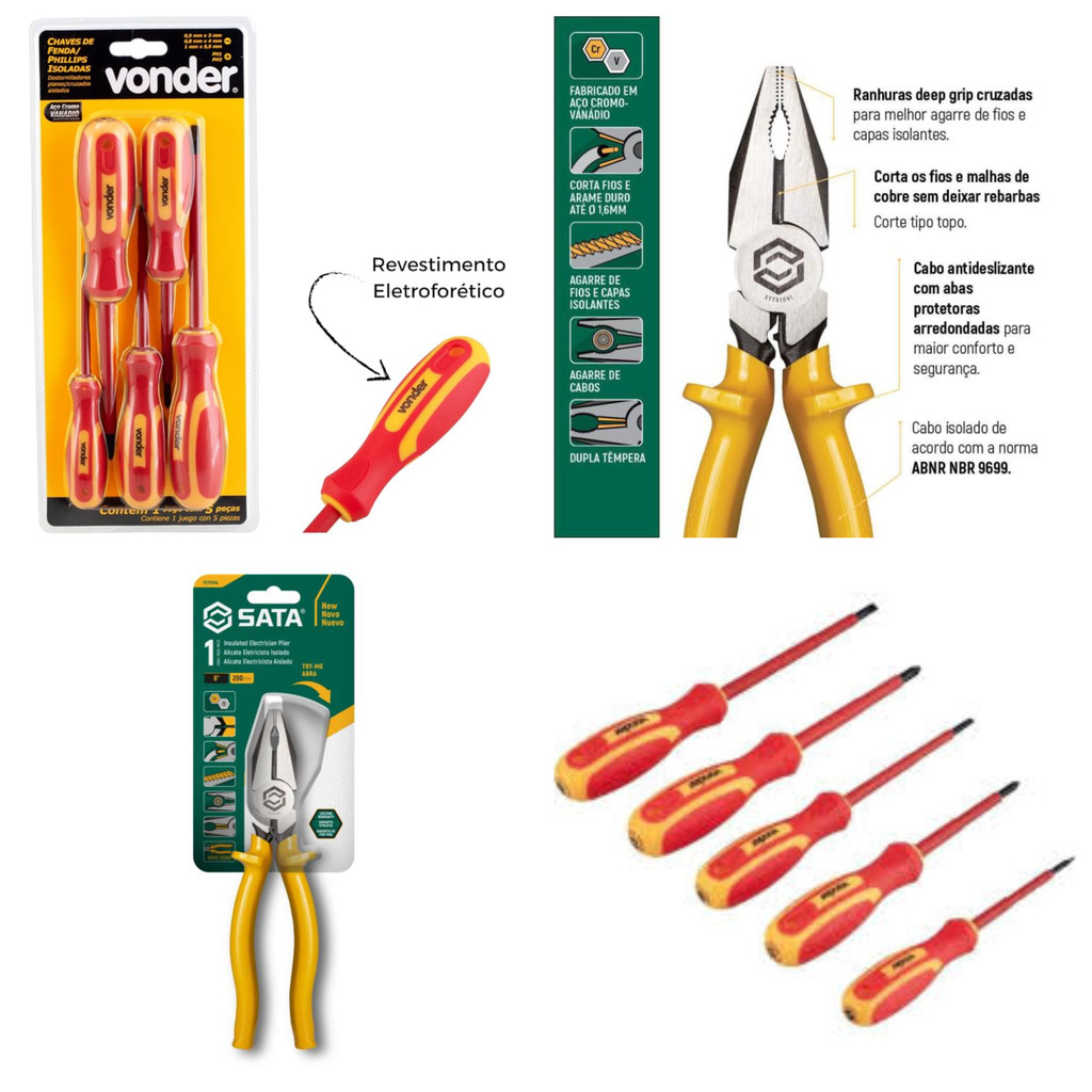 KIT JOGO CHAVE FENDA/PHS 5PÇ 1000V ISOL VONDER IEC60900 + ALICATE UNIVERSAL 200MM   8" SATA