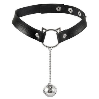 Choker Gatinho em Couro com Guizo Coleira Colar em Couro Emo