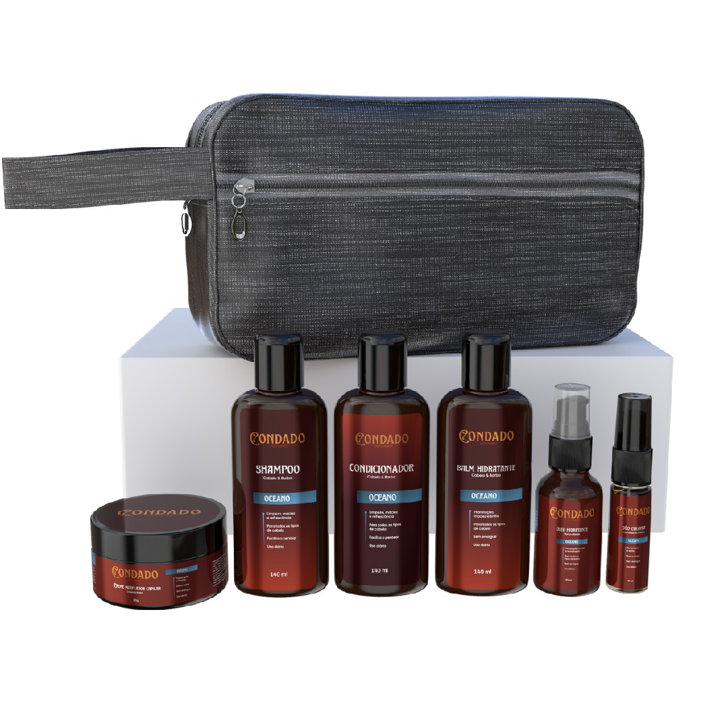 Kit Completo Barba Oceano Shampoo Condicionador Balm Óleo Colônia Necessaire Cinza Cuidado Diário