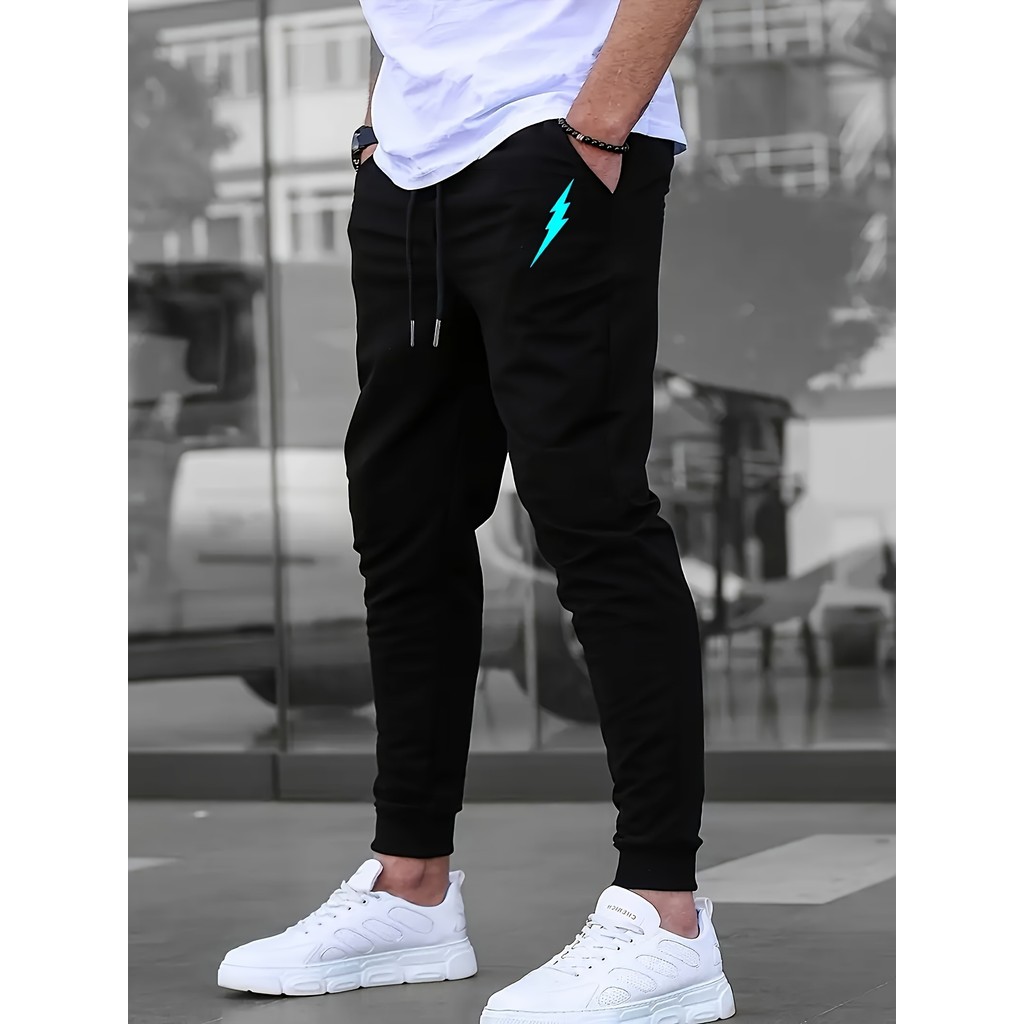 Calça de corrida esportiva casual masculina tecido elástico com bolsos laterais, ideal para academia e lazer