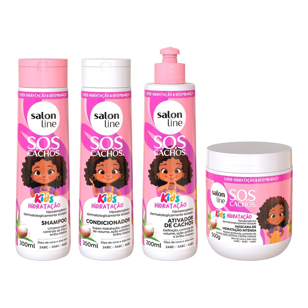 Kit Shampoo + Condicionador + Máscara + Ativador de Cachos SOS Cachos Kids Hidratação Salon Line em Oferta na Shopee