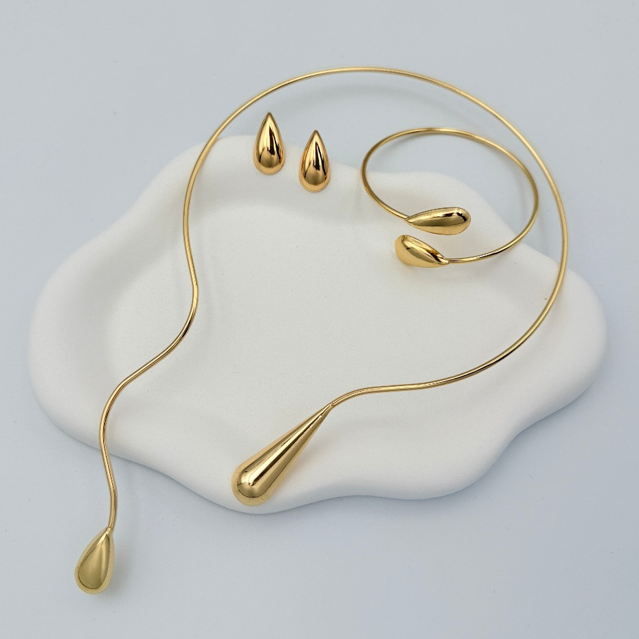 conjunto Colar e Brincos Pulseira + com Linha Geométrica da Moda e Formato de Gota d''Água de Colarinho Aberto em Oferta na Shopee