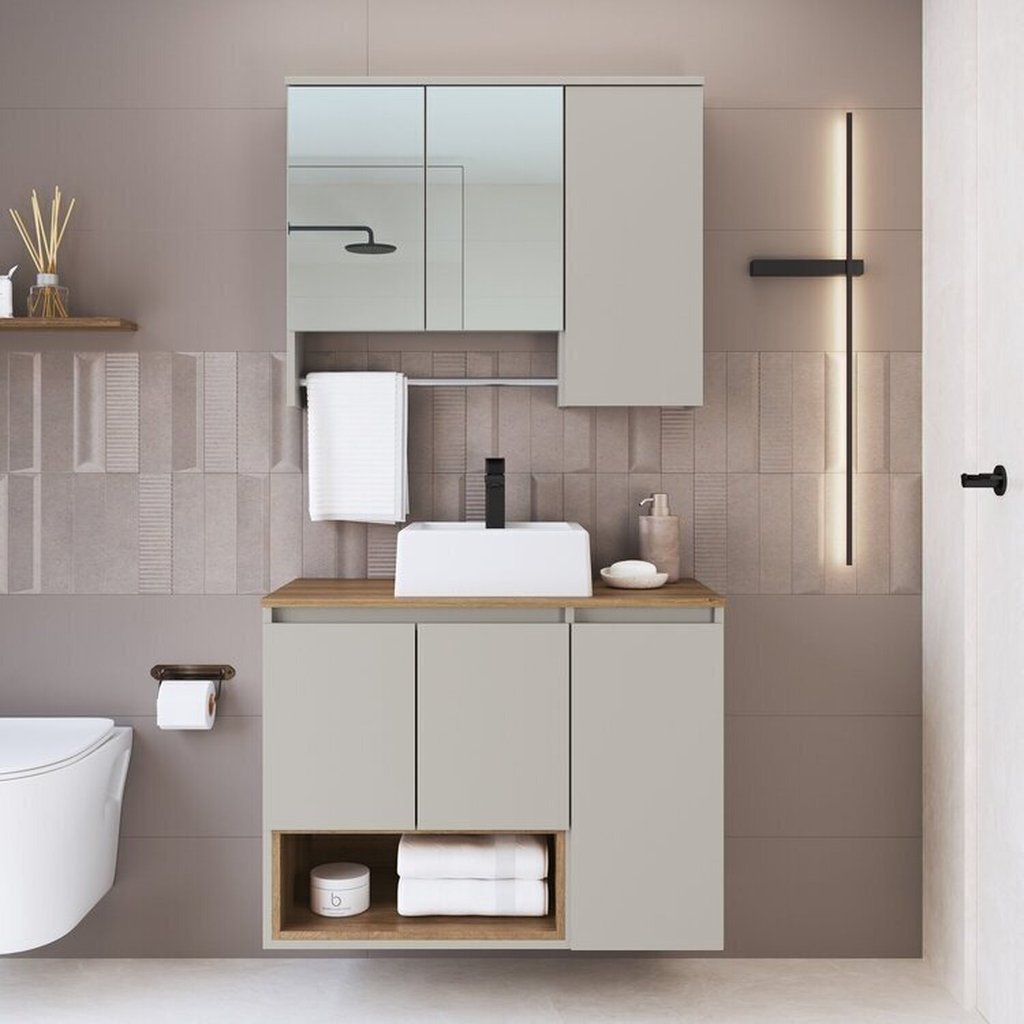 Conjunto para Gabinete Suspenso 80cm com Cuba e Espelheira 3 Portas com Toalheiro Olívia Mel/Arenas em Oferta na Shopee
