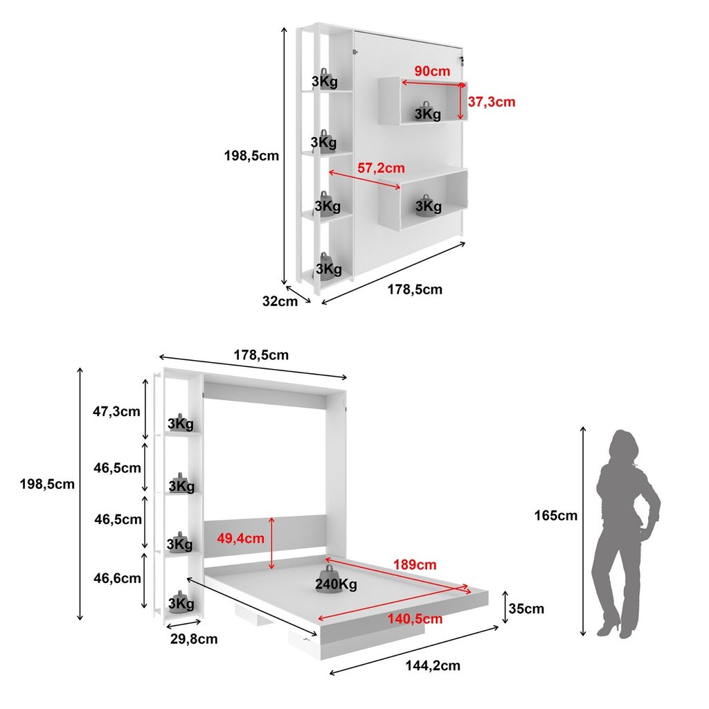 Detalhes do Cama Articulada de Casal com 4 Prateleiras e 2 Nichos CM8014 Branco