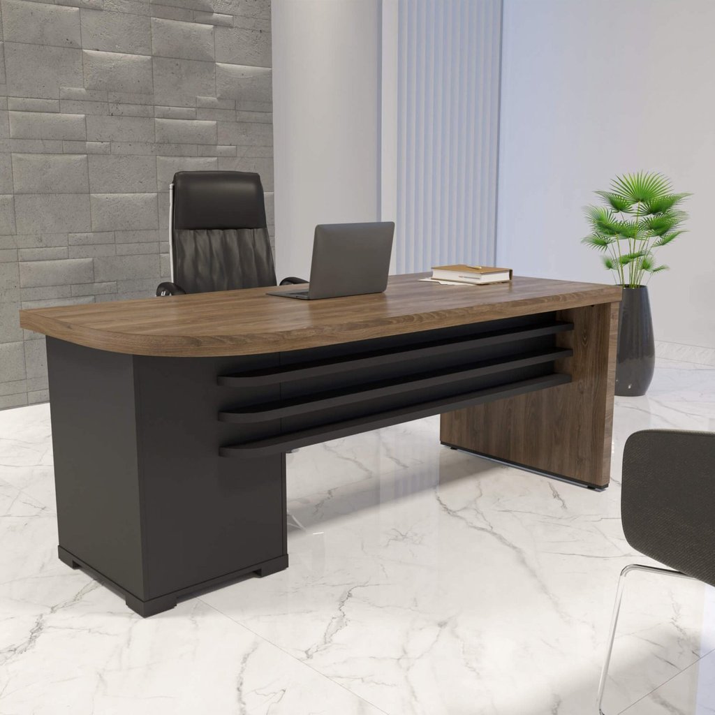 Escrivaninha Mesa Escritório Robusta e Funcional 4 Gavetas Lado Direito 180cm Tamburato Charuto/Preto em Oferta na Shopee