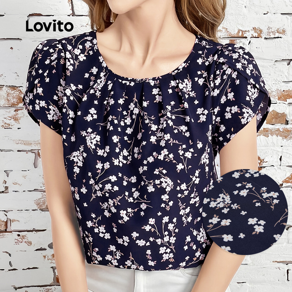 Lovito Blusa Casual de Flores com Plissado Lazer Primavera/verão Blusa Azul Petróleo para mulheres L155ED1825 em Oferta na Shopee