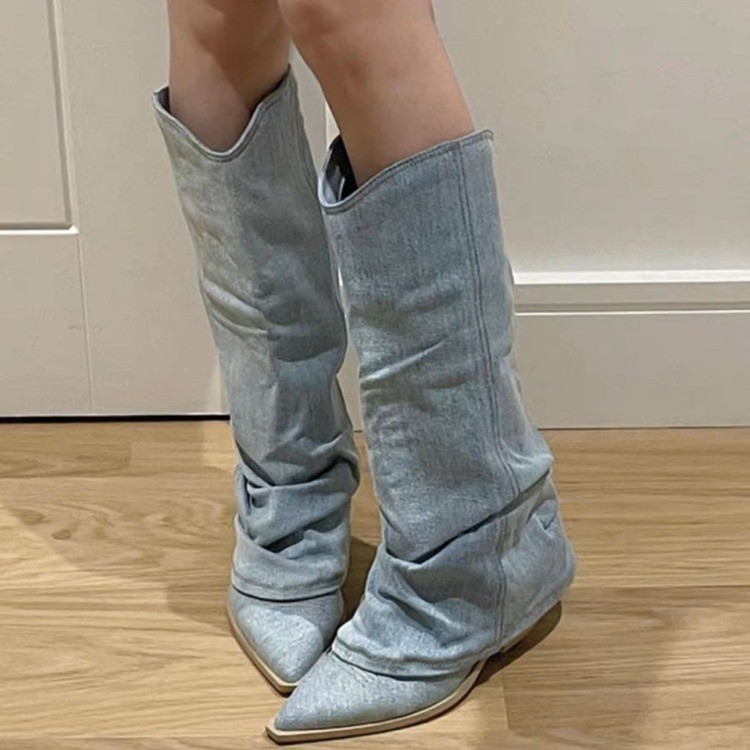 Novo estilo europeu americano apontou Toe calças plissadas botas longas feminino Retro na altura do joelho botas de Cowb