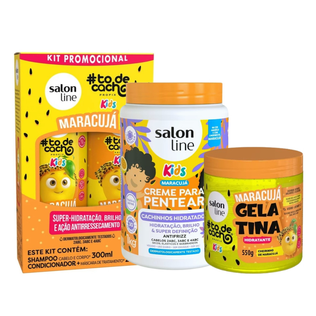 Kit Salon Line Kids Shampoo e Condicionador + Creme Pentear e Gelatina Hidratante Maracuja