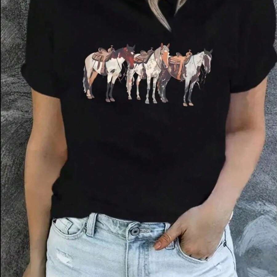 Camiseta feminina gola redonda manga curta tecido elastano estampada Rodeio Cavalos Cavalgada