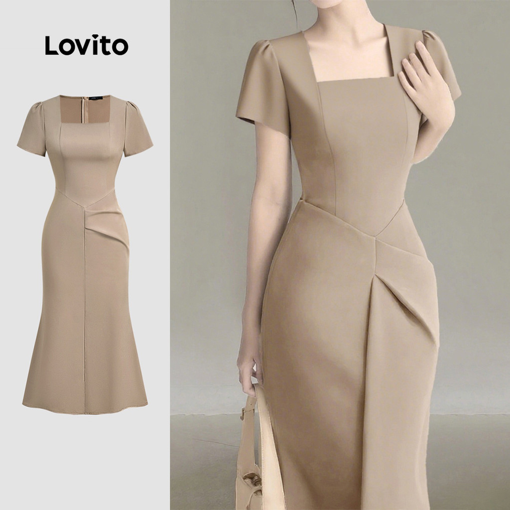 Lovito Vestido Elegante De Verão/primavera Com Pregas Estruturadas Na Cor Cáqui Para Mulheres L155AD2034 em Oferta na Shopee