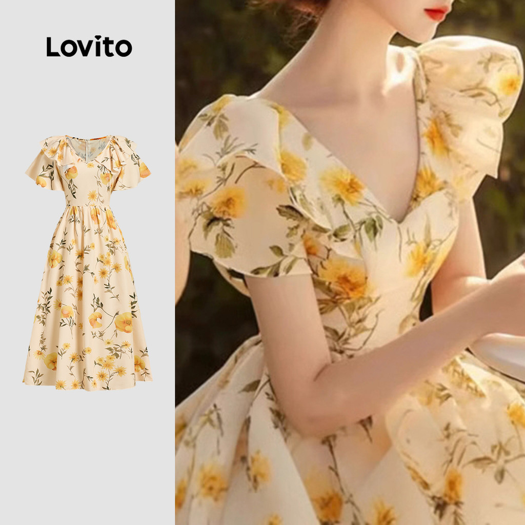 Lovito Vestido Boho com Flores  Babados  Primavera/verão para Mulheres L143ED306 em Oferta na Shopee