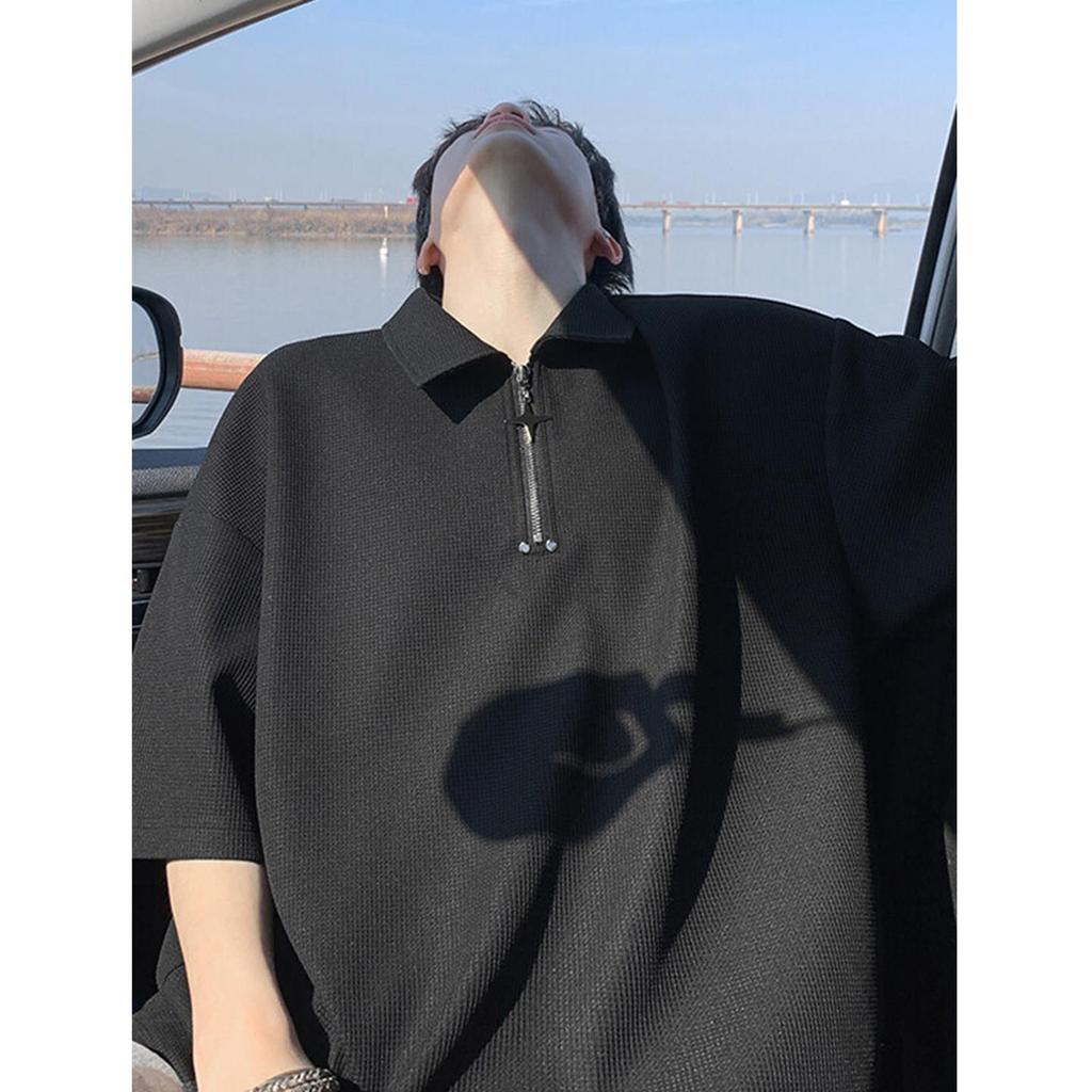 Waffle meia-Pull Chain camisa polo de manga curta masculina verão solto Casual americano Street Wear esportes meia manga