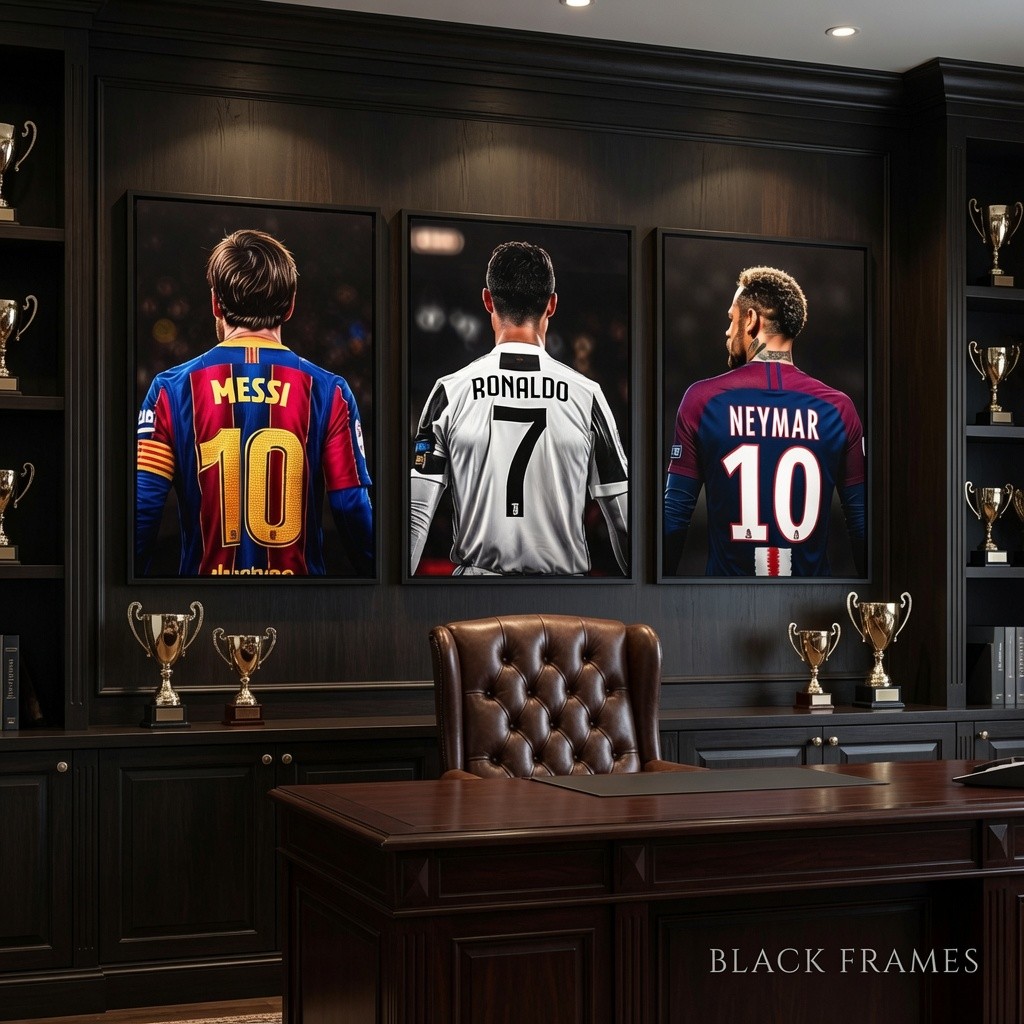 Kit 3 Quadros Decorativos Camisas Futebol Lendas Messi CR7 Neymar Para Quarto Jovem Barbearia E Sala