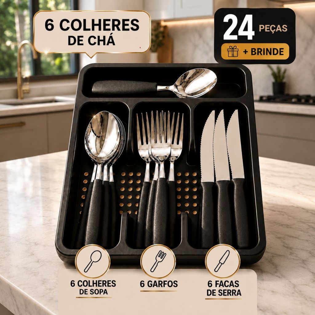 Faqueiro 24 Talheres Premium com Suporte Gaveteiro Ideal para Cozinha e Festas