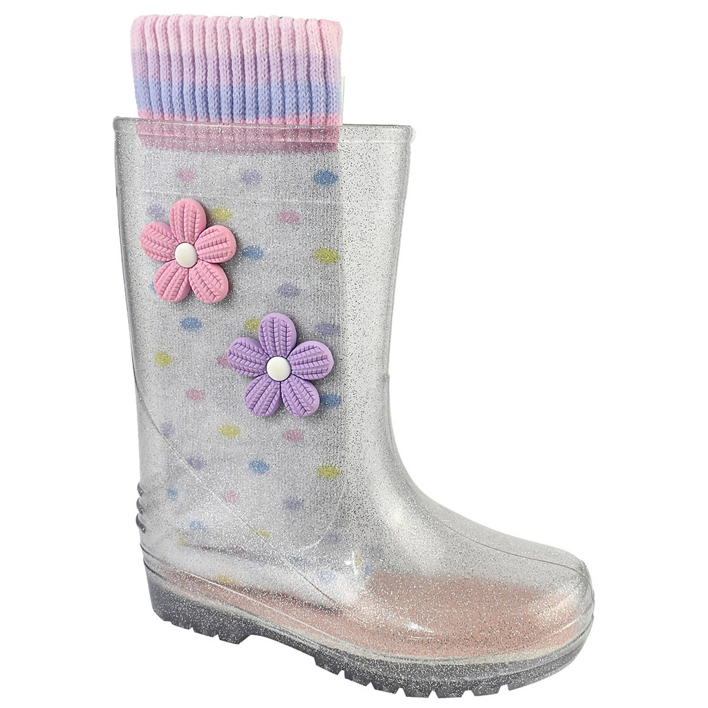 Galocha Bota Coturno Transparente Glitter Flor + Meia Poá Cano Longo Médio LueLua Nº 25 ao 32