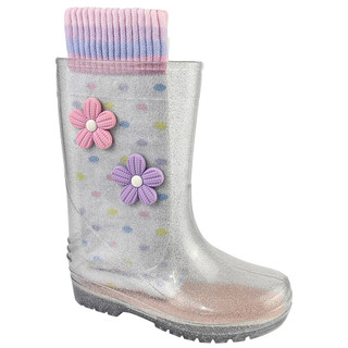 Galocha Bota Coturno Transparente Glitter Flor + Meia Poá Cano Longo Médio LueLua Nº 25 ao 32