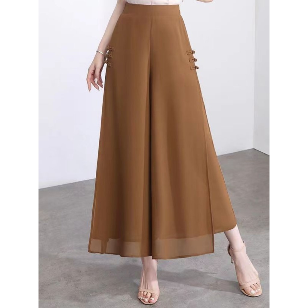 Novo estilo chinês fivela calças de perna larga feminino verão Split Chiffon Culottes 2024 novo estilo Drape solto estil