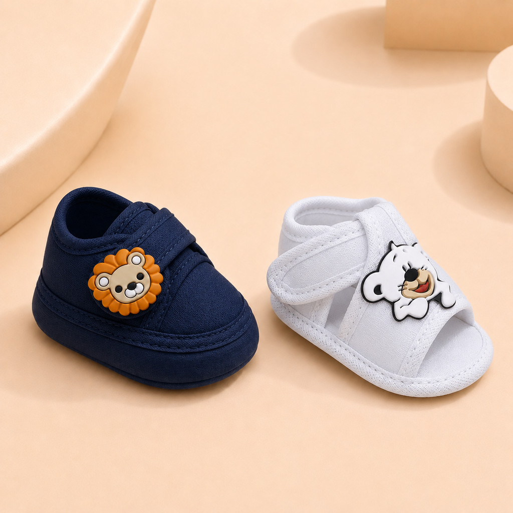 KIT 02 Pares Sapatinho Tecido Recem Nascido Bebê Leaozinho e Sandalia Urso