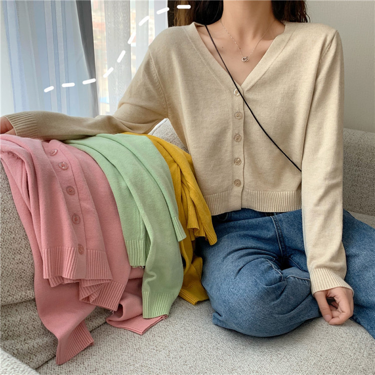 Fábrica pronto estoque com decote em V cor sólida ar condicionado camisola jaqueta Cardigan solto estilo curto manga lon