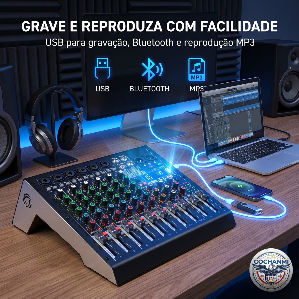 Mesa de Som para Microfone Condensador 48V 4 ou 6 Canais USB Bluetooth para Estúdio e Podcast