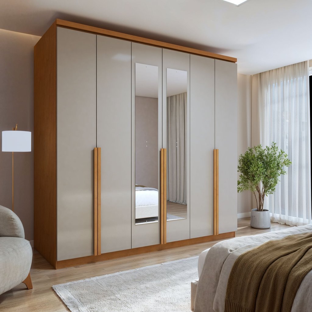 Guarda-Roupa Casal 6 Portas 4 Gavetas com Espelho MDF 230cm Alonzo Marrom Amêndoa Clean/Off White Amêndoa Clean/Off