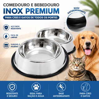 Kit Alimentação Pet em Inox | Comedouro e Bebedouro Antiderrapante para Cães e Gatos