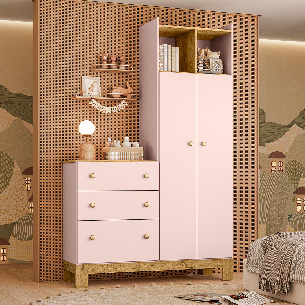 Guarda Roupa Infantil 2 Portas com Cômoda 3 Gavetas Flora Qmovi