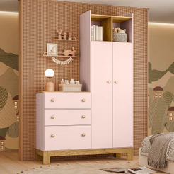 Guarda Roupa Infantil 2 Portas com Cômoda 3 Gavetas Flora Qmovi