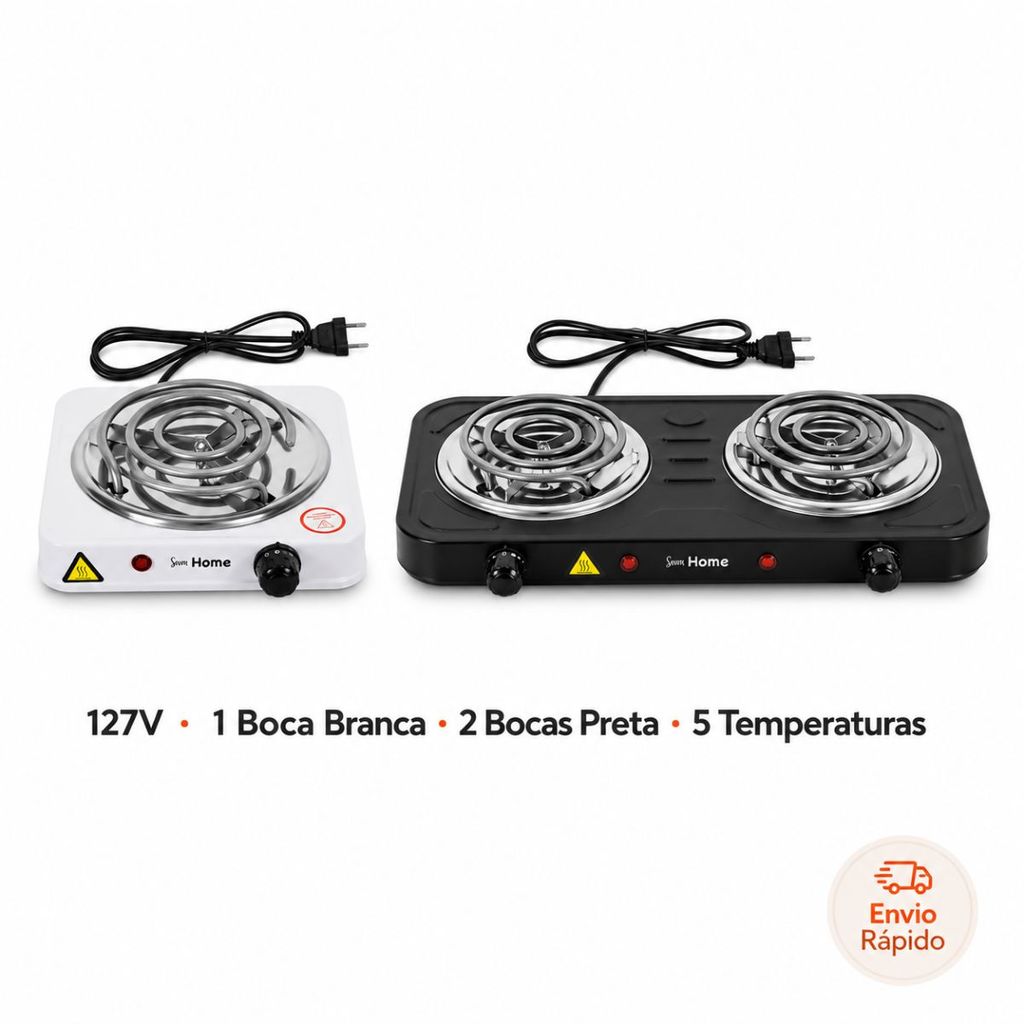 Fogareiro Fogão Elétrico Portátil 127V 1 Boca Branca 2 Bocas Preta 5 Temperaturas