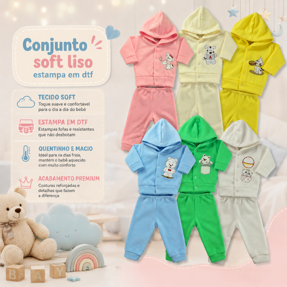 Conjunto De Bebe Com Capuz Soft Blusa + Mijão Estampado Inverno Roupa de Frio Infantil