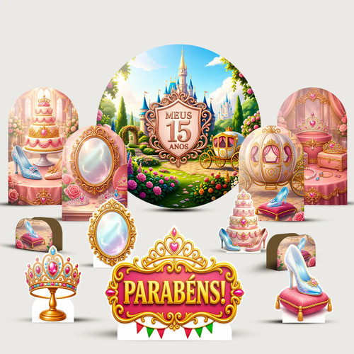 Painel Redondo 15 Anos Debutante Dourado Kit Decoração Festa Infantil Displays de Mesa Aniversário