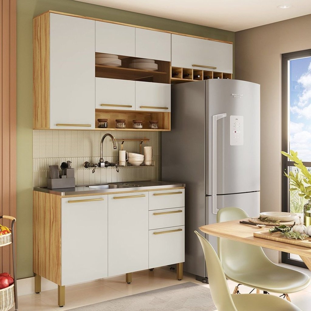 Armário de Cozinha Compacta Modulada 3 Peças 7 Portas sem Tampo com Vidro 100% MDF Itália Espresso Móveis