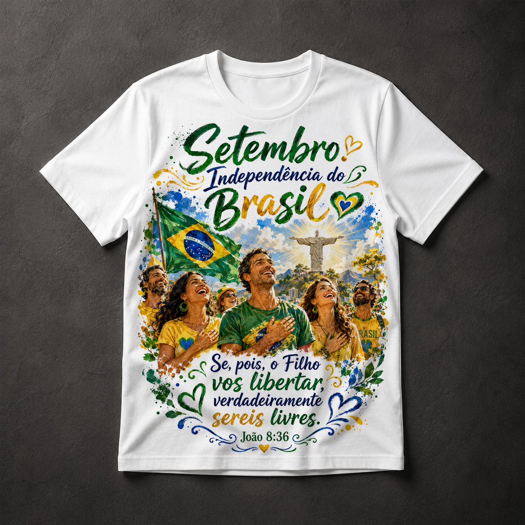 Camiseta Masculina Independência do Brasil Setembro Cristão João 8:36 Patriótica